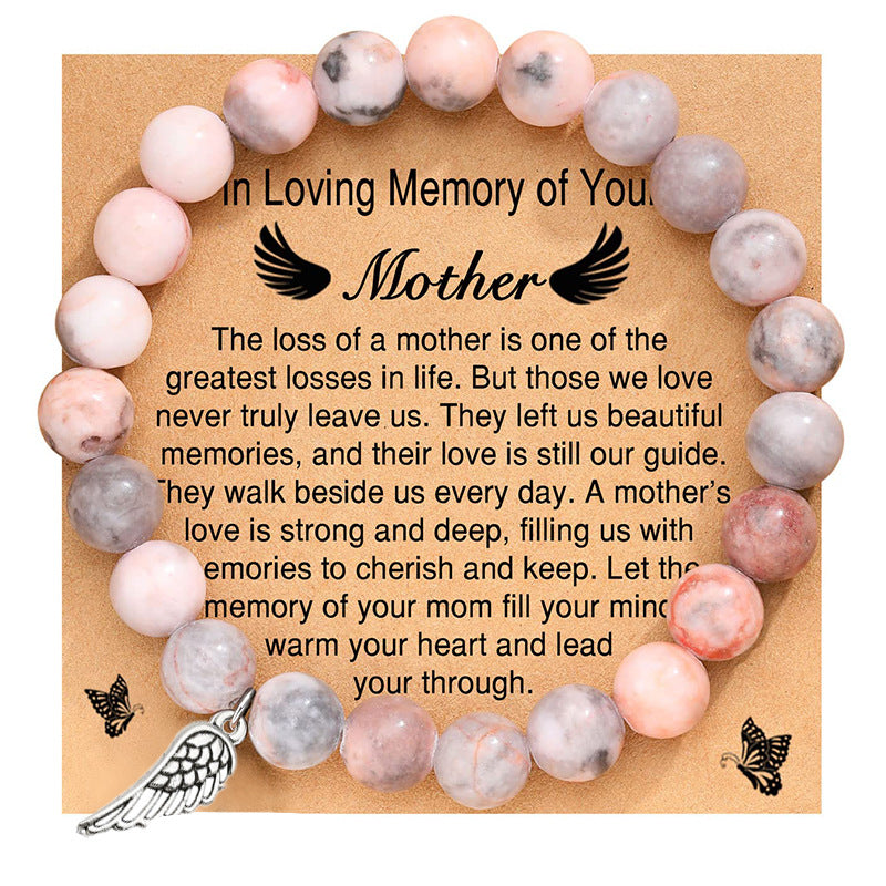Angel Feather Wings Bracelet Pink Zebra8mm Beaded Bracelet with Card for Remembrance of Mother