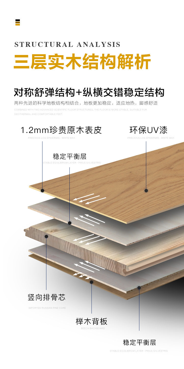 1.2mm White Ash Natural Wood Veneer New Three-Layer Solid Wood Composite Floor Heating Home Eco-Friendly Flooring Package Installation for Entry