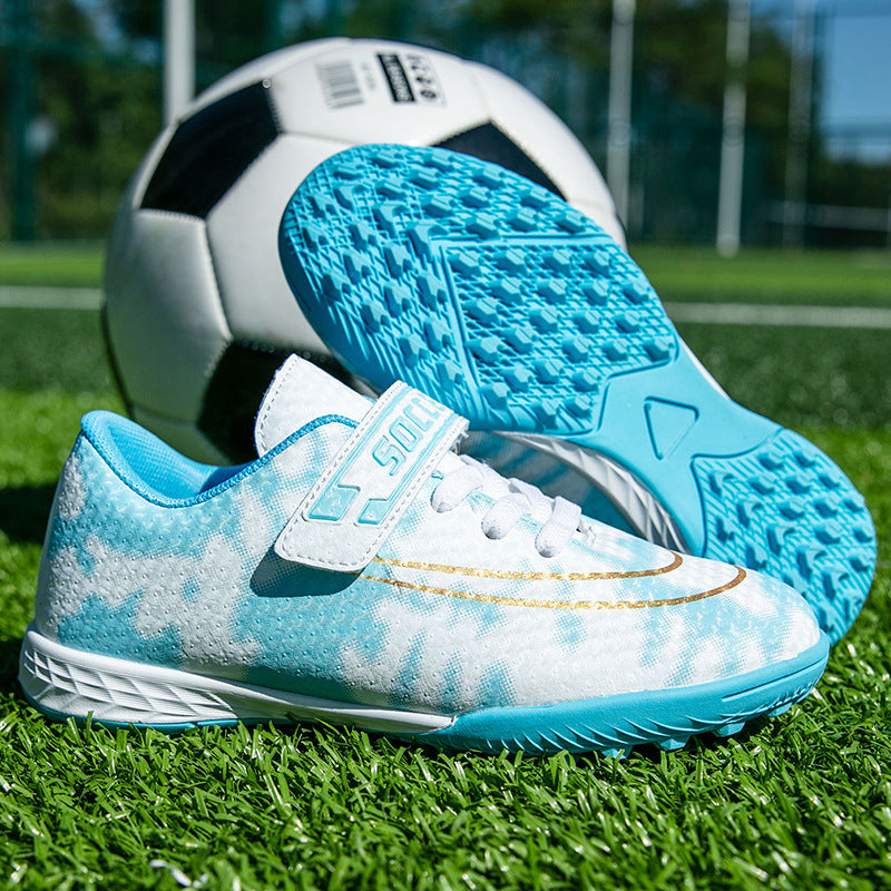 New Football Shoes for Men and Women, Children's Low-top Anti-collision Spike Magic Tape No-tie Grass Training Sports Shoes