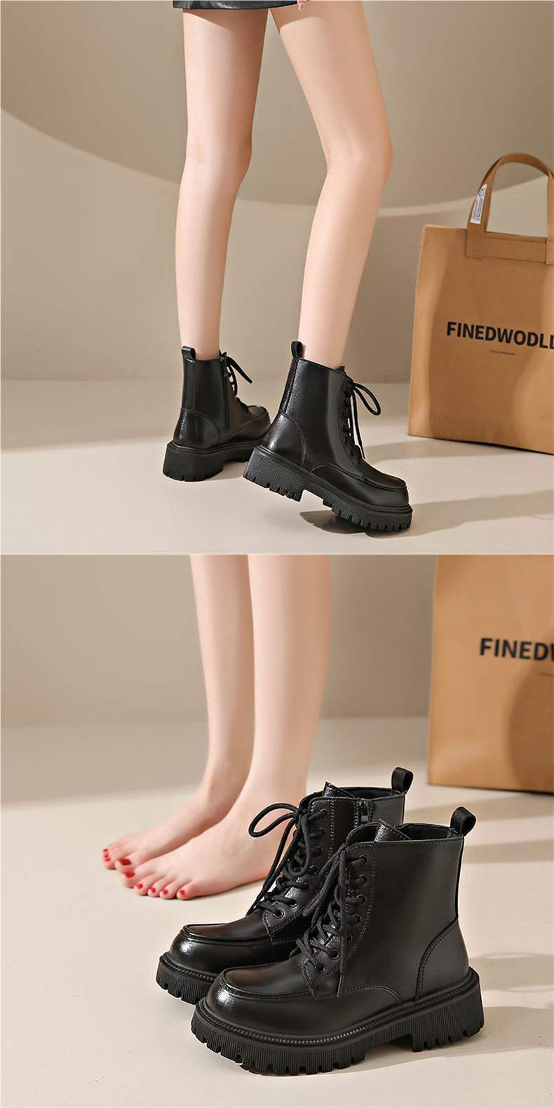 Versatile Thick-Soled Martin Boots for Women with Skirts2025Autumn New British Style Lace-up Motorcycle Ankle Boots Huiran