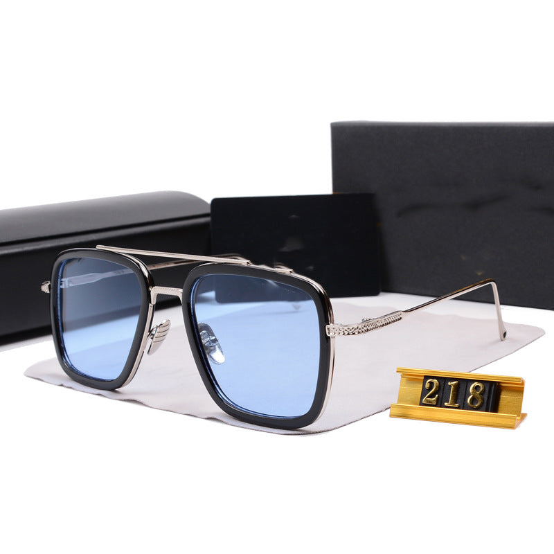 European and American Iron Man Style Sunglasses European and American Fashion Square Frame Sunglasses Men's Retro Metal Double Bridge Color Changing Glasses Frame