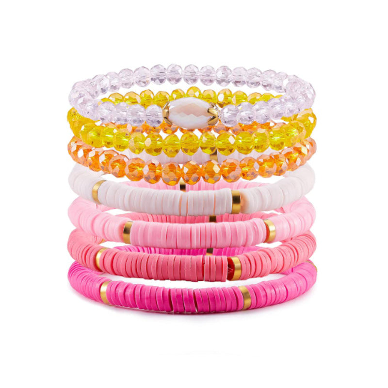 Women's Layered Soft Clay Bracelet Set of Seven Elastic Cord Friendship Bracelets Bohemian Crystal Soft Clay Bracelets