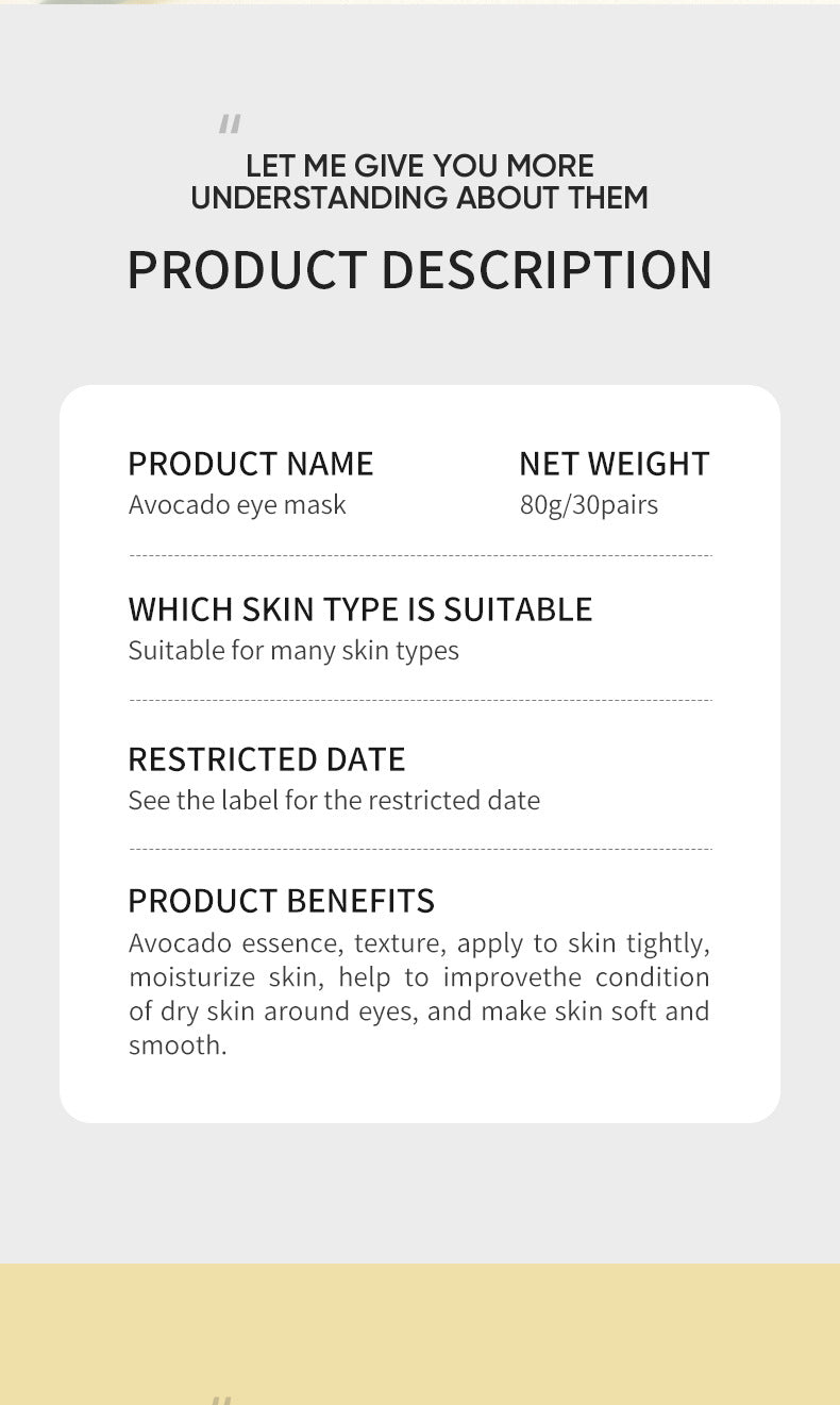 Full English Eye Mask ZOZU Golden Avocado Moisturizing and Hydrating   foreign trade skincare products live wholesale