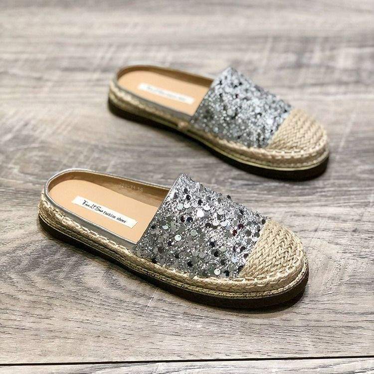 2025Spring New Knitted Retro Round Toe Sequin Slip-On Flat Fashion Closed-Toe Half Slippers Backless Fisherman Shoes
