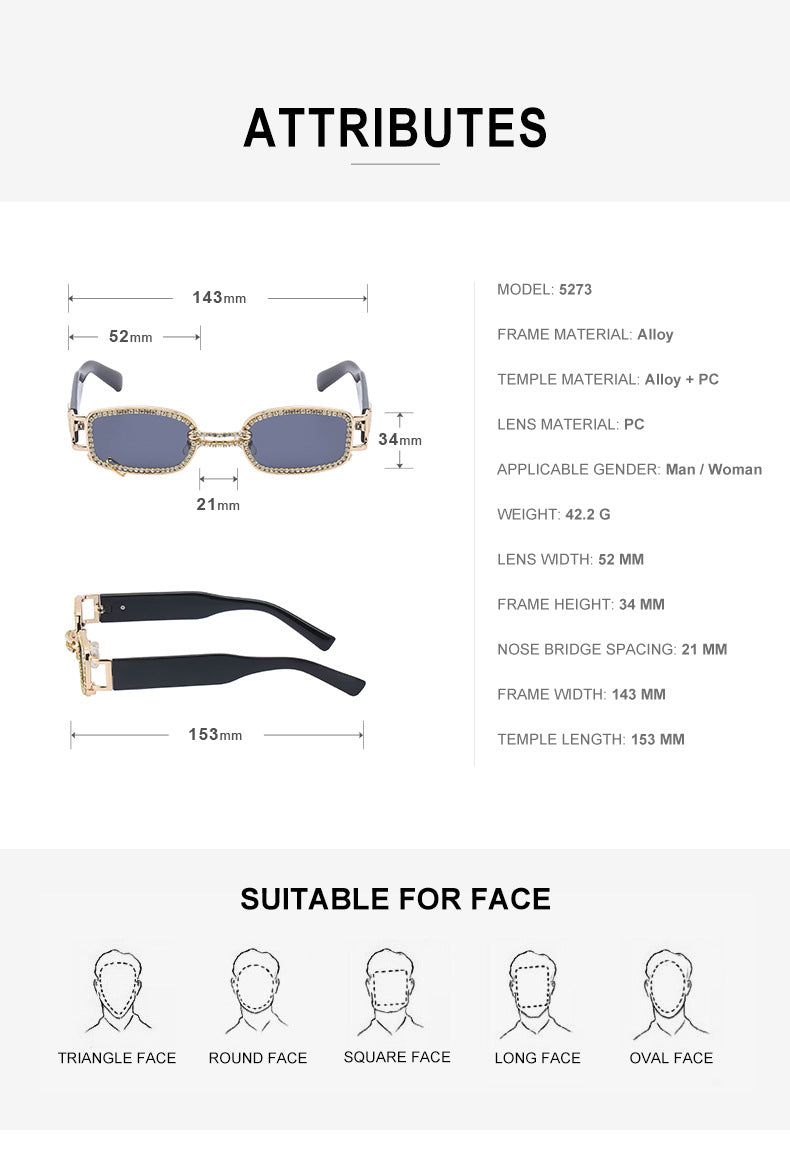 Korean Style gm Big Brand Same Style Sunglasses for Women Small Frame Hanging Ring Sunglasses for Men ins Diamond-encrusted Sunscreen Internet Celebrity Sunglasses