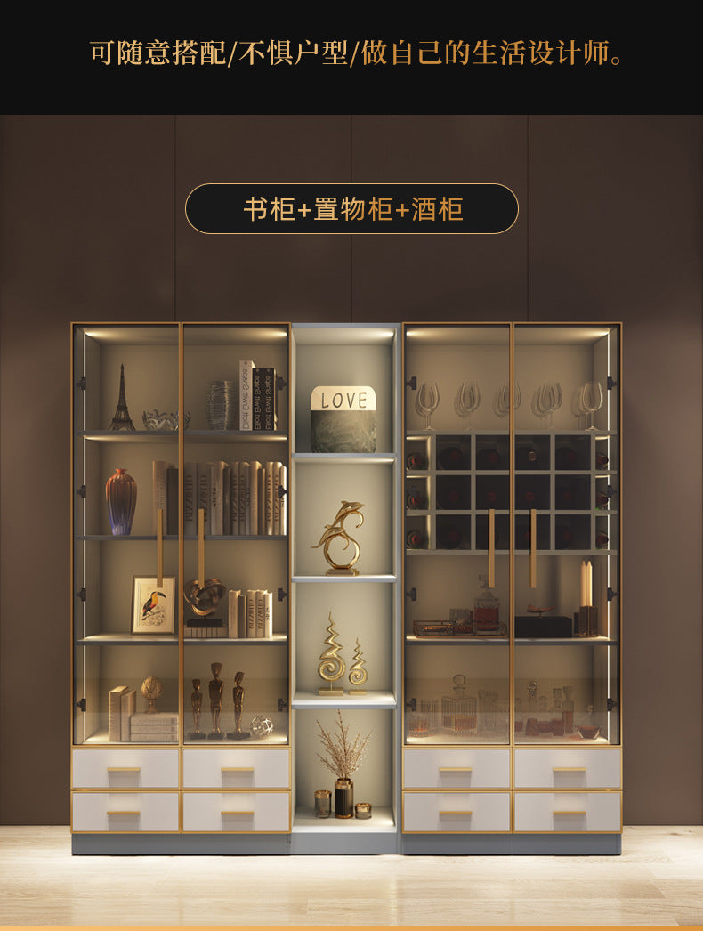 Modern Light Luxury Bookshelf Paint-Free Board Aluminum Alloy Glass Door Combination Bookshelf Wine Cabinet Simple Floor Storage Cabinet Integrated