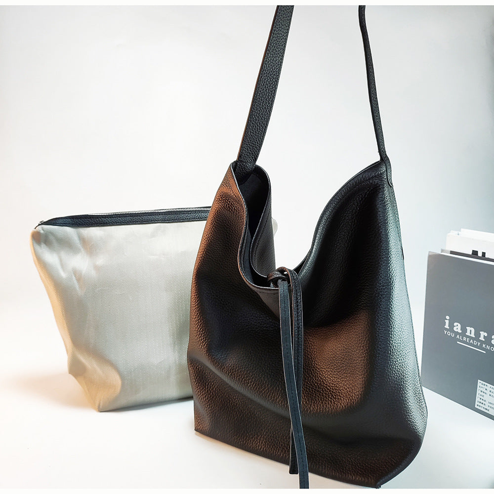 Women's Genuine Leather Underarm Bag Large Capacity Tote Bag Top Layer Cowhide Commuter High-End Feel Single Shoulder Bucket Bag