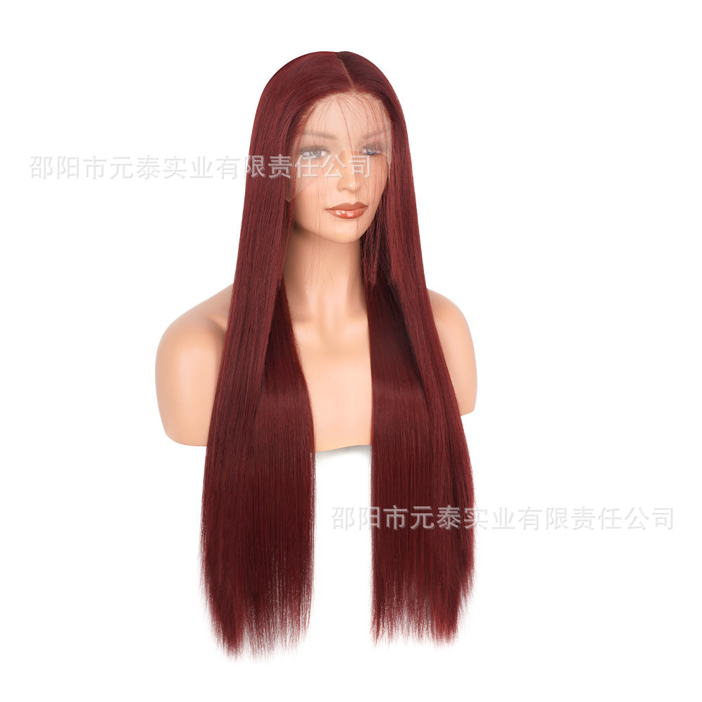 Front Lace13*4Wig in burgundy color28Inch Long Straight Hair Synthetic Fiber Headband Hot Sale wigs High-Temperature Wig with Side Bangs