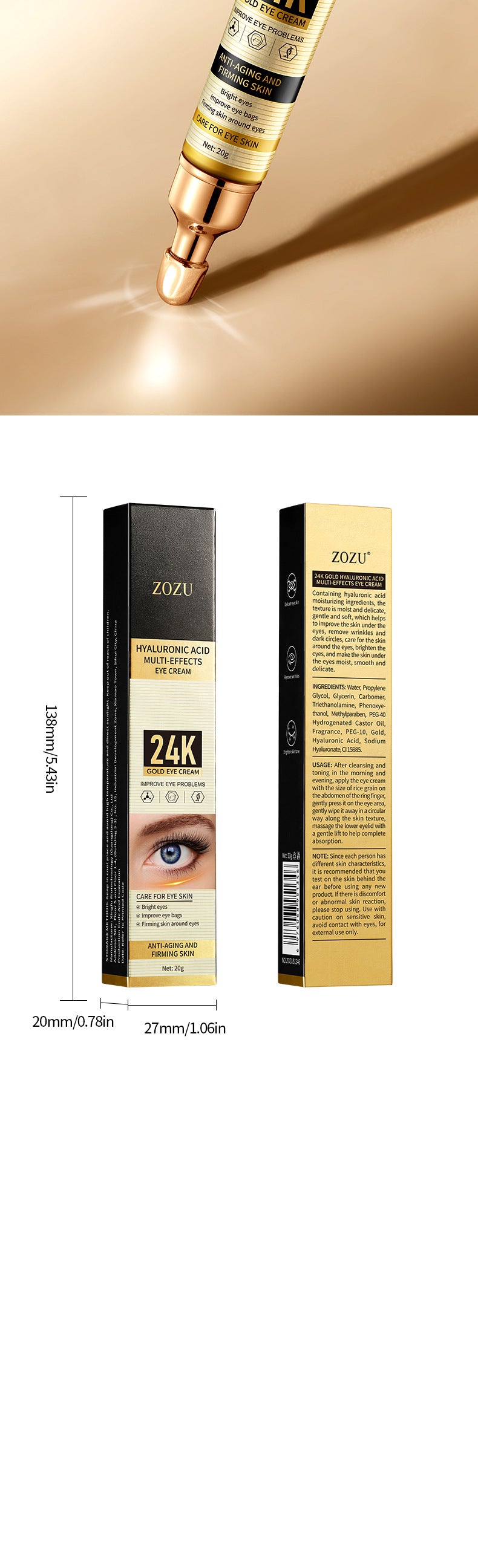 24K Gold Eye Cream ZOZU Hyaluronic Acid Hydrating and Moisturizing Eye Cream for Eye Wrinkles Cross-Border Wholesale