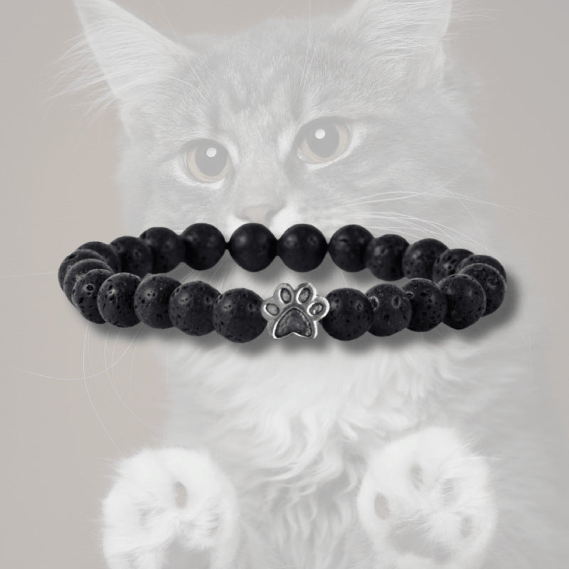 Animal Paw Print Bracelet Women's Natural Stone8mm Beaded Black Weathered Volcanic Stone White Pine Cat Claw Bracelet