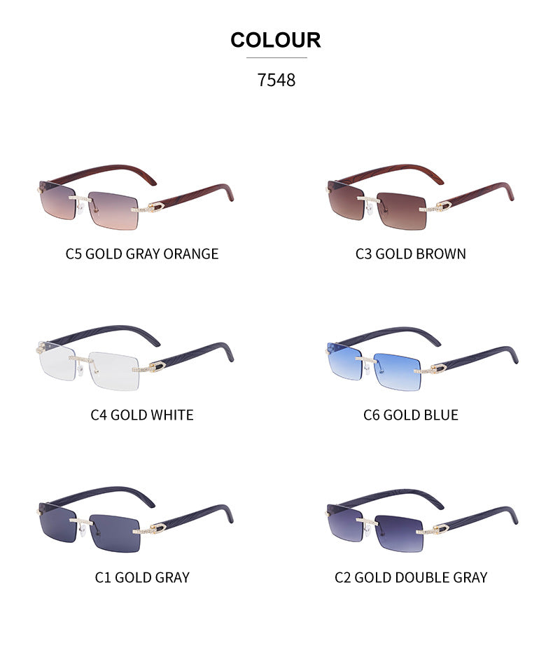 European and American Retro Frameless Men's Sunglasses with Diamond Inlay and Wood Grain Temples New Style Glasses Wholesale shades