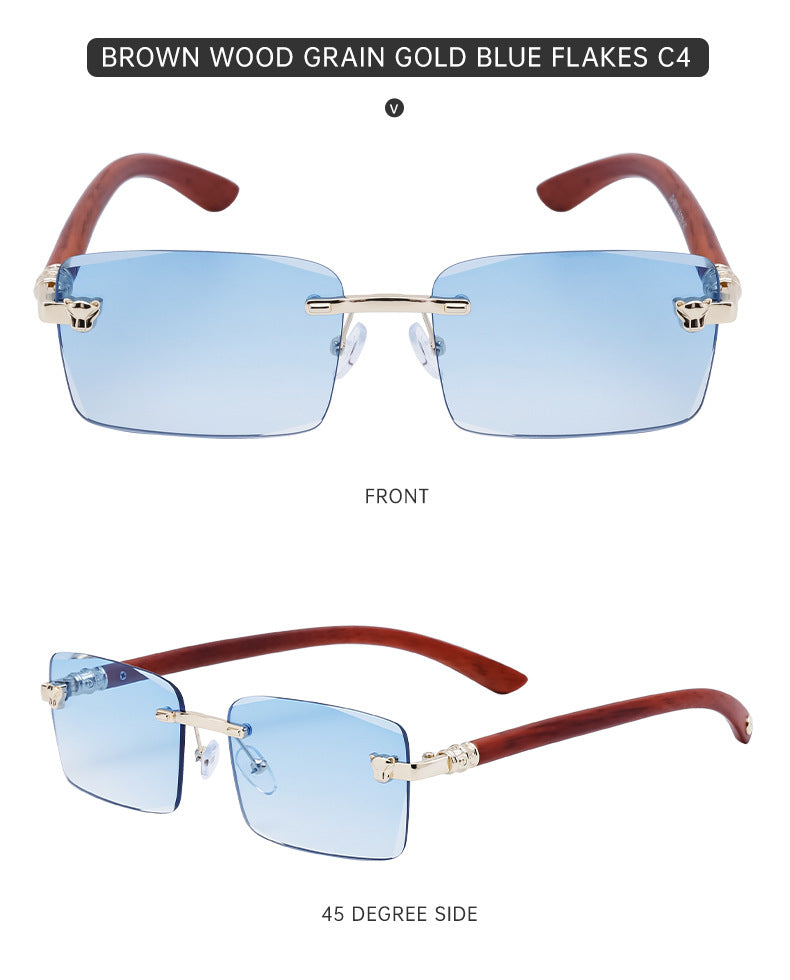 European and American Retro Frameless Sunglasses for Men with Imitation Wood Grain Temples, Men's Mountaineering Glasses shades