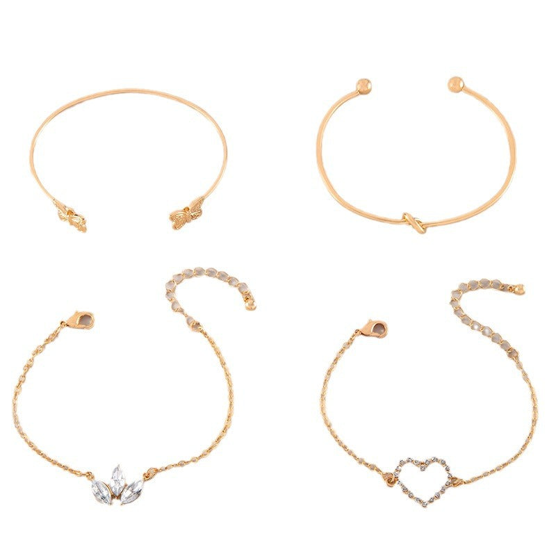 European and American Light Luxury Accessories Heart-shaped Leaf Inlaid Diamond Four-layer Bracelet Butterfly Knot Open Bracelet Set for Women