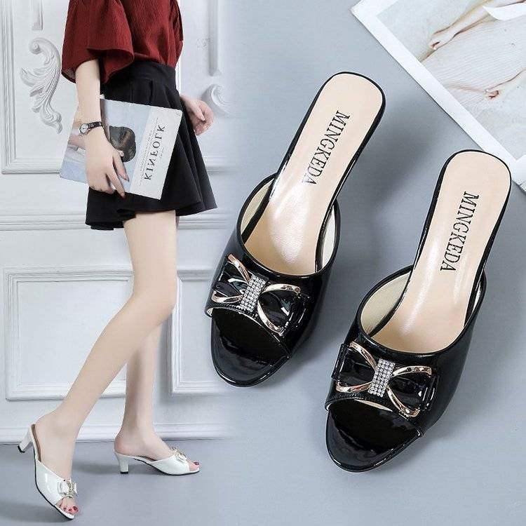 Korean Version Fashion Versatile Bowknot Thin Heel High Heels Women's Outdoor Wear Mid Heel Peep Toe Slippers Large Size Sandals Women's Shoes