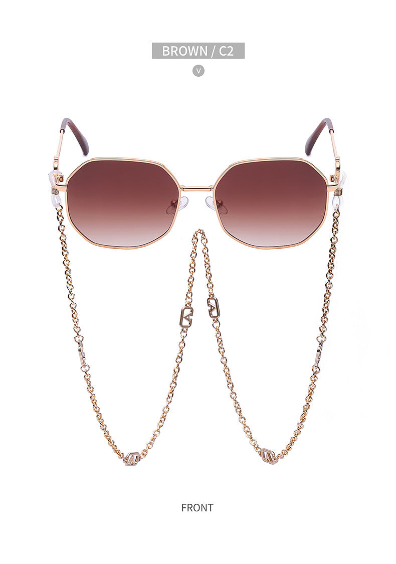 Chain Sunglasses for Women, Internet Celebrity Style, Anti-Drop Chain, Irregular Polygonal Full Frame Sunglasses for Women, Trendy