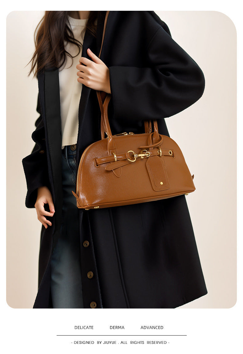 Miaojia Same Style European and American Retro Handbag Female Sense Top Layer Cowhide Crossbody Shell Bag Niche Boston Bag