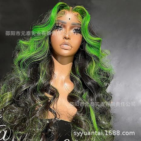Highlight Green Body Wave Wig Skunk Stripe Lace Front Wig