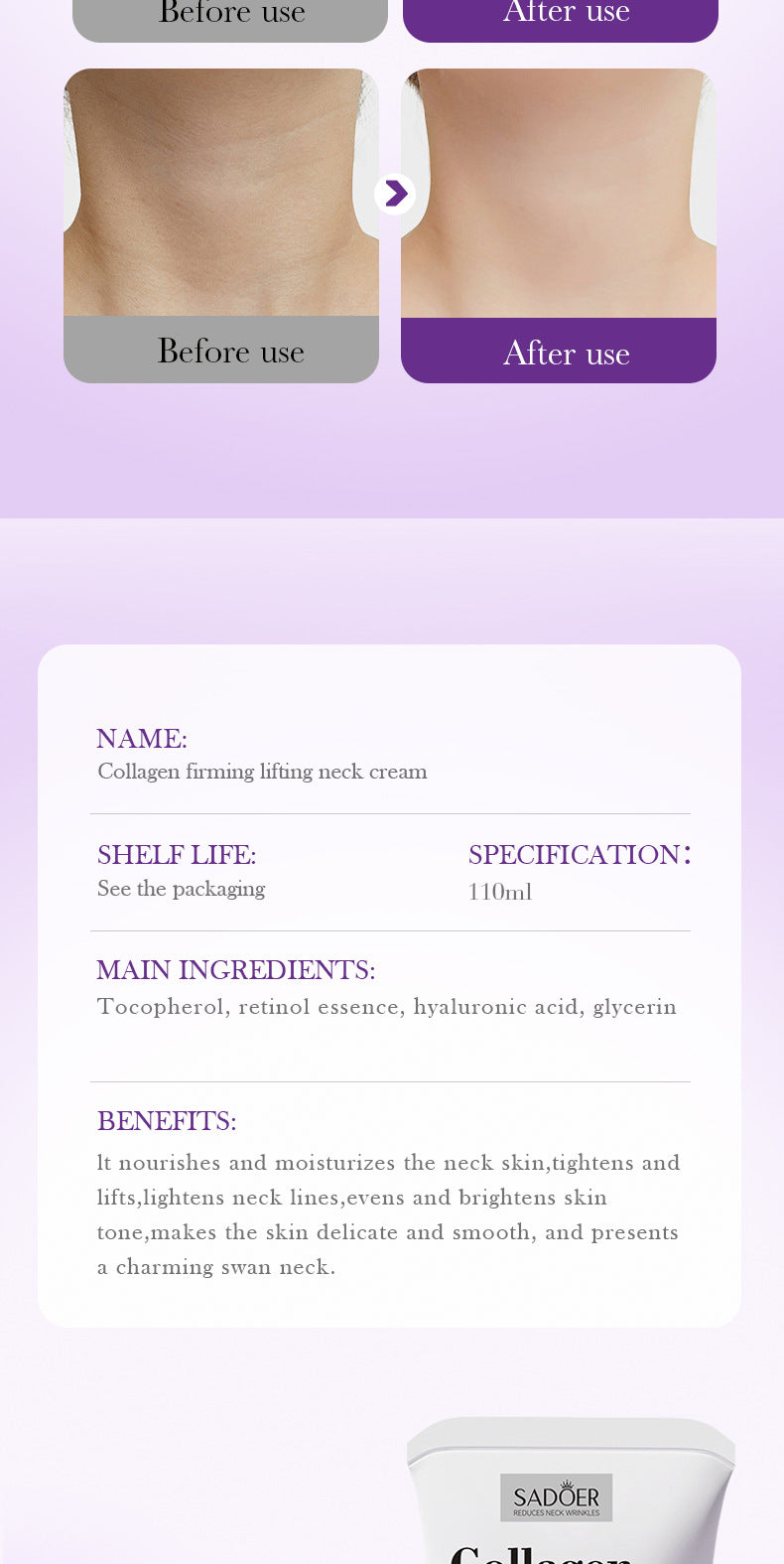 Full English Collagen Neck Cream110ml SADOER Firming Roller Neck Lifting Cream  Wholesale