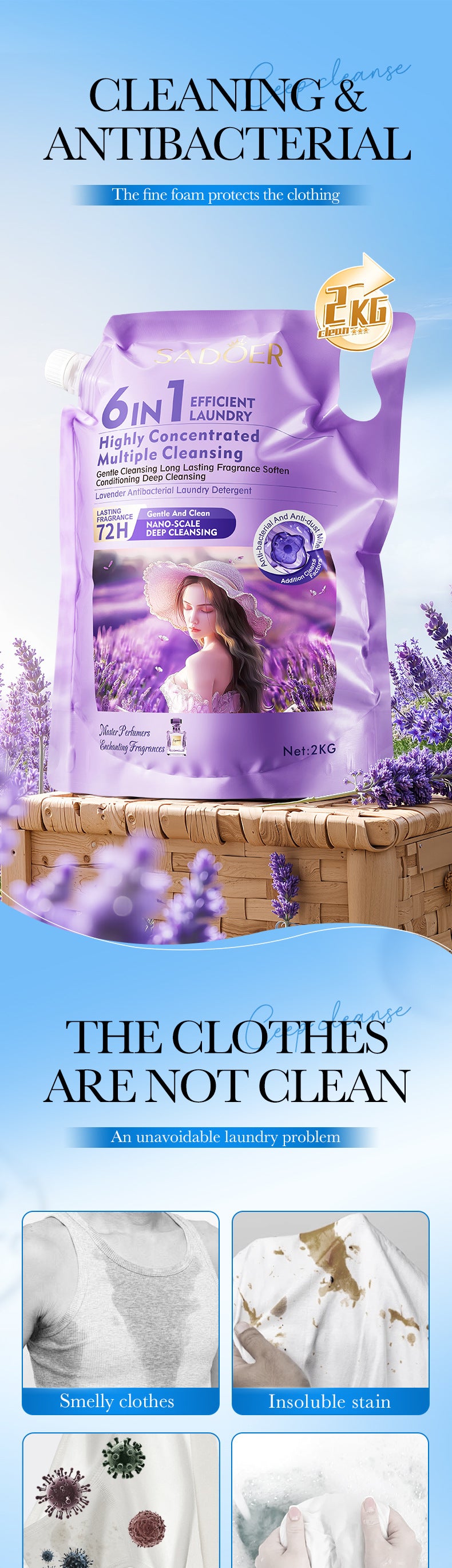 Cross-border Large Capacity Lavender Antibacterial Laundry Detergent2KG Clean Fragrance Export Manufacturer Wholesale