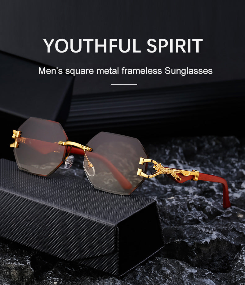 New European and American Retro Frameless Sunglasses for Men with Imitation Wood Grain Temples Wholesale Glasses shades