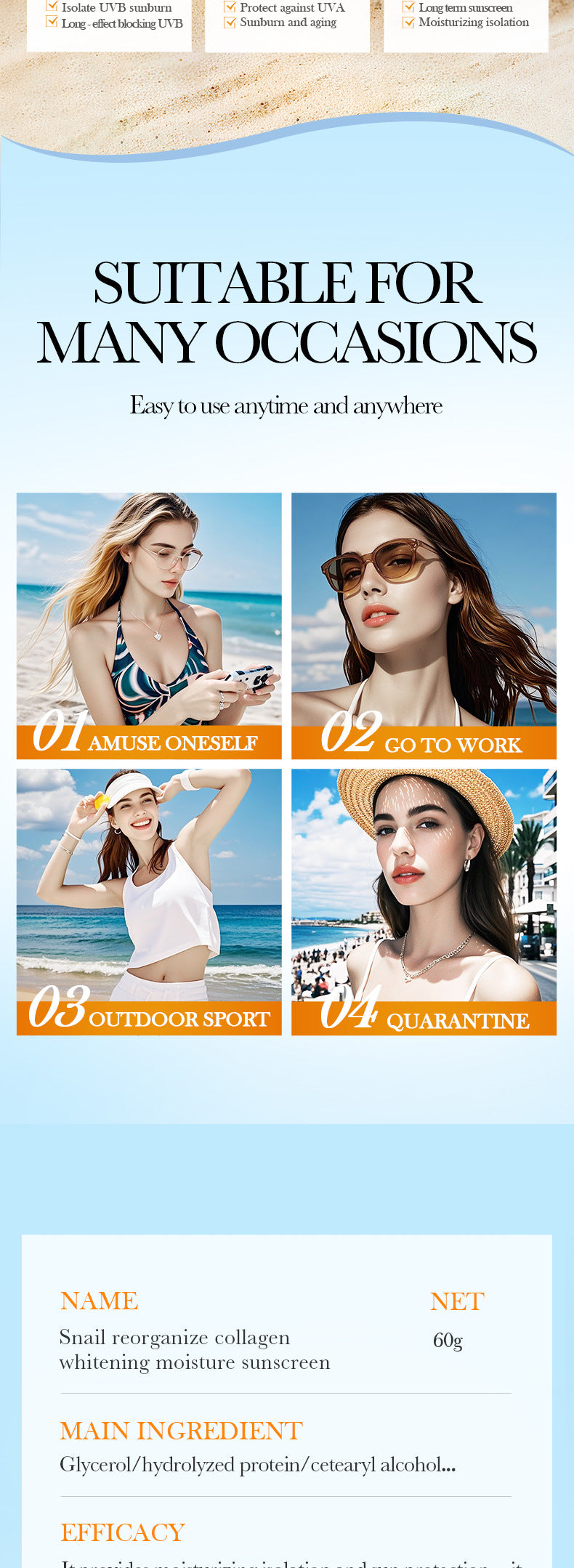 Cross-border Snail Whitening Sunscreen60g Restructured Collagen Hydrating Moisturizing Sunscreen Cream Export Manufacturer Wholesale