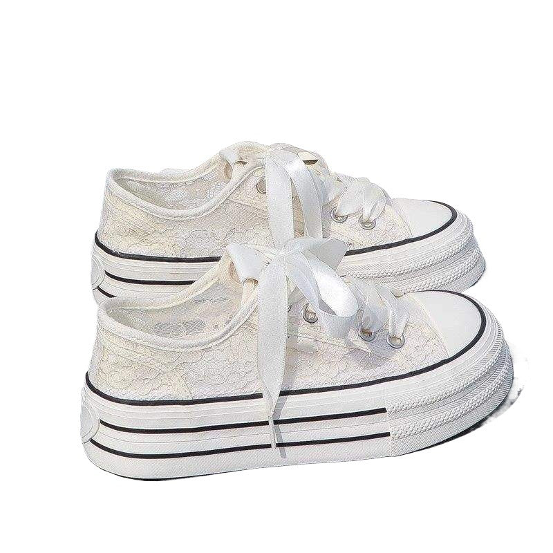 Women's White Sneakers with Breathable Mesh and Hollow Design2025Summer Versatile New Thick-Soled Casual Canvas Shoes ins