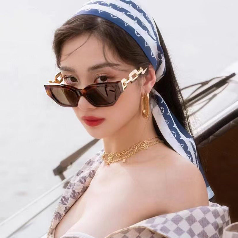 European and American Small Frame Cat Eye Sunglasses for Women, New High Altitude Style, Internet Celebrity Thick Chain Sunglasses, Trendy Women's Glasses Wholesale