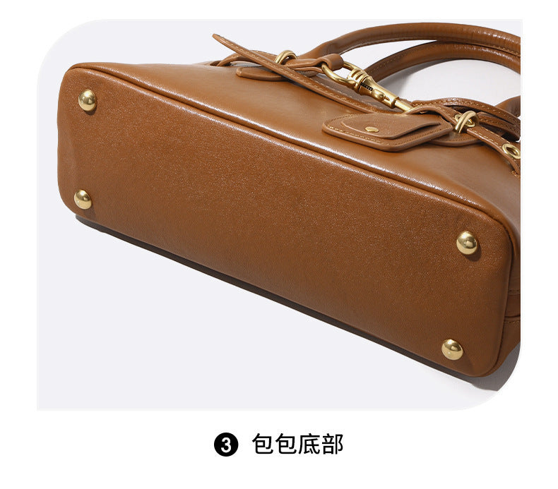 Miaojia Same Style European and American Retro Handbag Female Sense Top Layer Cowhide Crossbody Shell Bag Niche Boston Bag