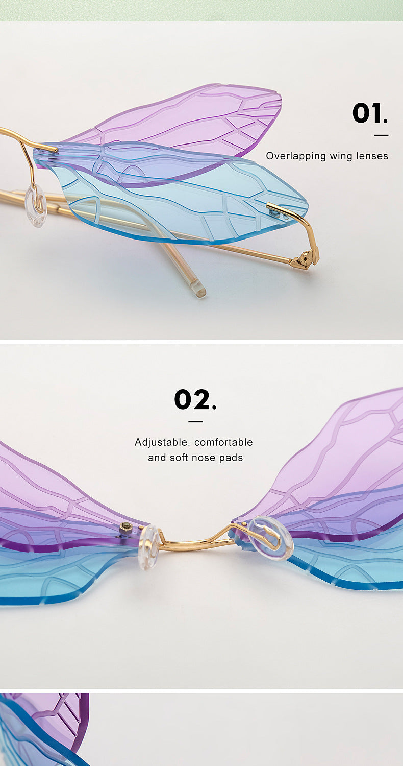 Dragonfly Sunglasses for Women, Stylish Wing Design, Fashionable Double Lens Party Dance Frameless Sunglasses
