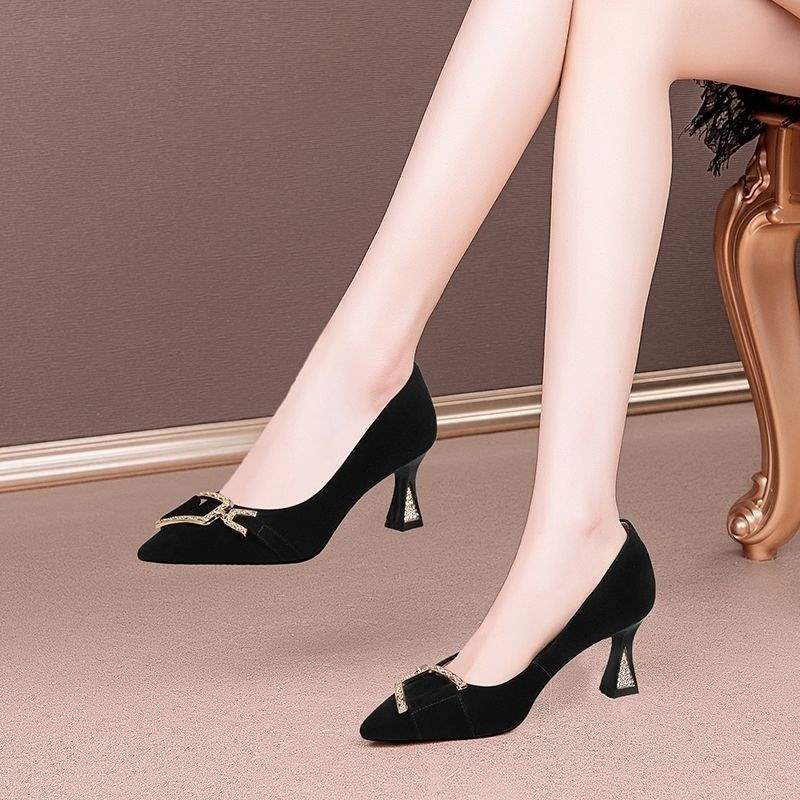 Women's Ultra Shallow Mouth Single Shoes2025New Soft Leather Pointed Toe Small Leather Shoes Suede Casual High Heels Women's Trendy