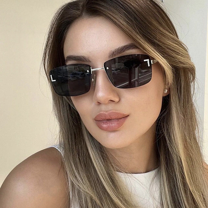 【Customization】European and American Frameless Cut Edge Sunglasses with Rhinestones Square Frame Sunglasses for Women sunglasses