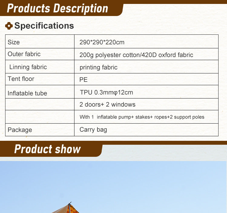 Middle East Arabian Inflatable Tent Outdoor No Setup Needed for Hiking Saudi Print3*3M Camping