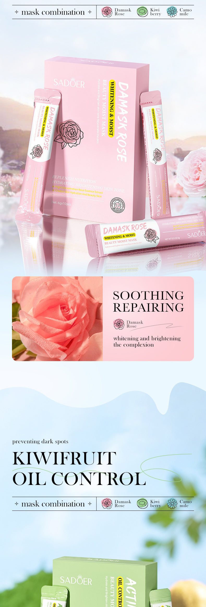 Cross-border Mud Mask Box Set SADOER Kiwi Hydrating Chamomile Smear Mask Foreign Trade Skin Care Products Wholesale