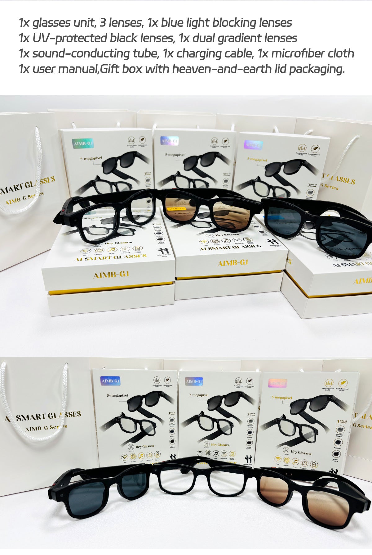 AIMB-G1Smart Glasses800100 Megapixel Camera Ai Simultaneous Translation Recognition1200P Video Recording Audio Recording