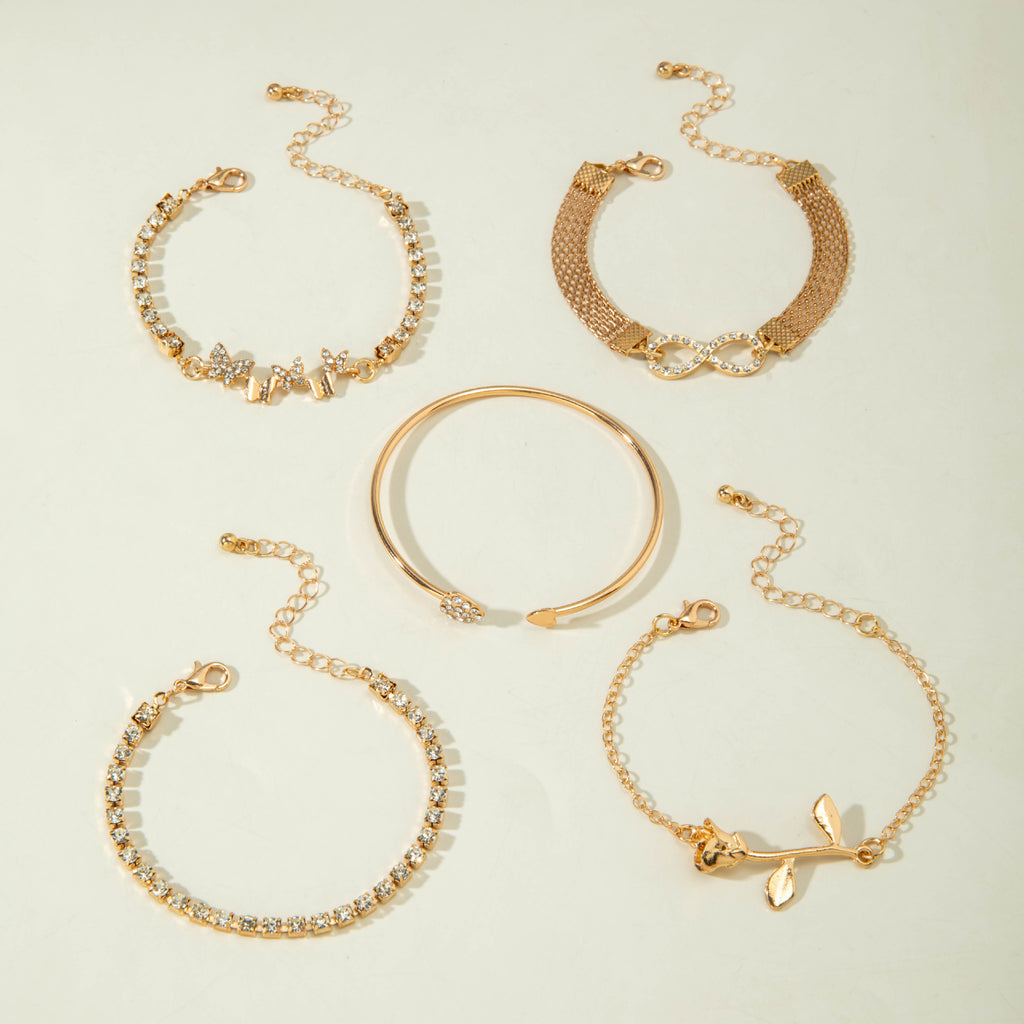 European and American Light Luxury Accessories Heart-shaped Leaf Inlaid Diamond Four-layer Bracelet Butterfly Knot Open Bracelet Set for Women