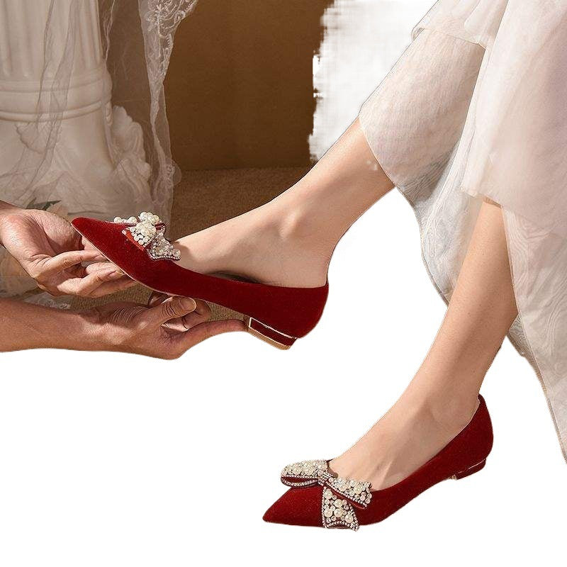 Wedding Shoes for Women Bride Low Heel Chinese Style Xiuhe Wedding Dress Two-Way Toast Red High Heel Maternity3Flat shoes that don't tire your feet
