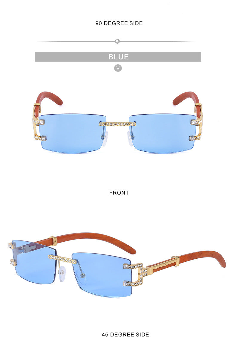 Imitation Wood Grain Leg Retro Sunglasses for Men Fashion Trend Diamond-Studded Rimless Sunglasses Men's Sun Protection Square Frame Glasses Street Style