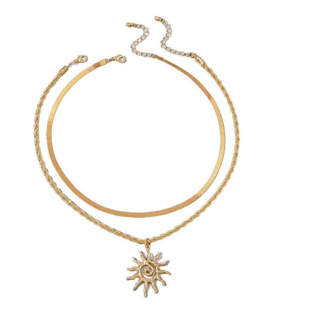European and American Fashion Jewelry Double Layer Stacked Sunflower Pendant Necklace Simple Flat Snake Necklace Wholesale
