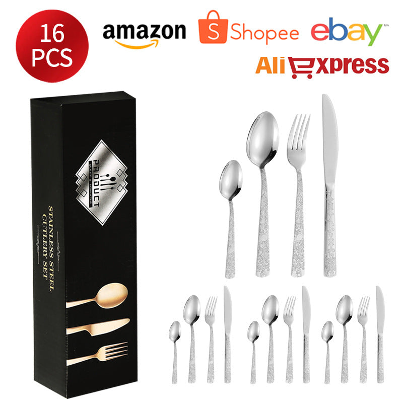 410Stainless Steel Tableware Hotel Restaurant Totem Pattern Knife Fork Spoon Four-Piece Set Western Steak Knife Fork24Set