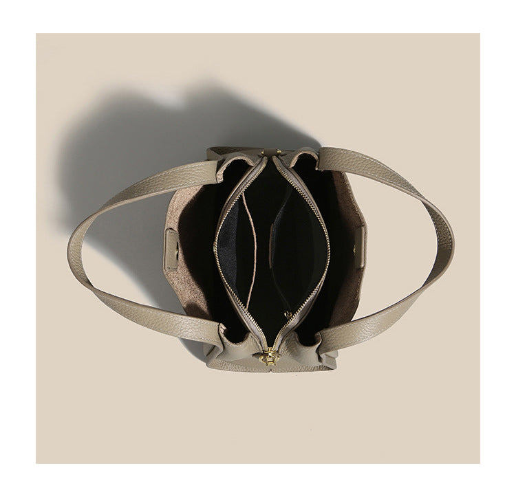 Genuine Leather Basket Bag Handheld Bucket Bag Women's Winter Crossbody Bag Large Capacity Top Layer Cowhide Bucket Style