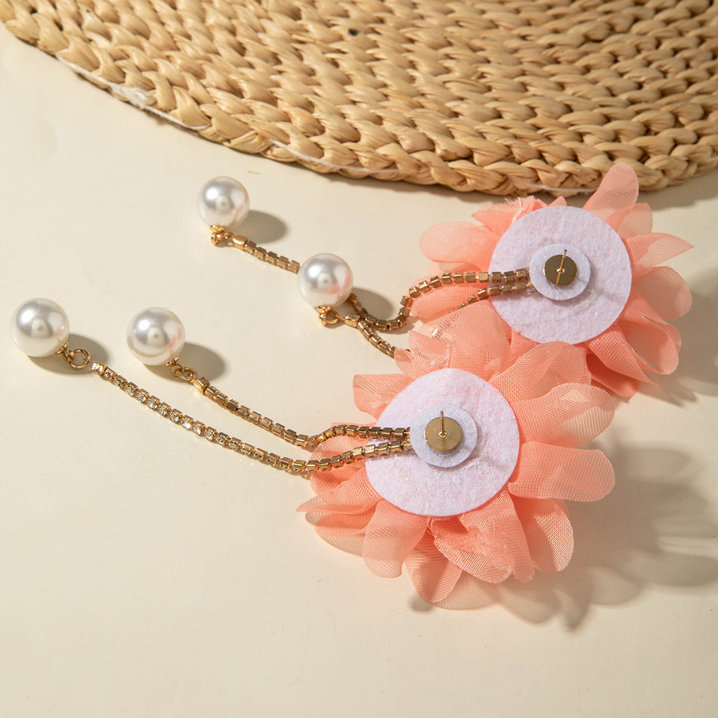 European and American Style Exaggerated Imitation Pearl Tassel Flower Earrings Fresh and Elegant Temperament Earrings for Women