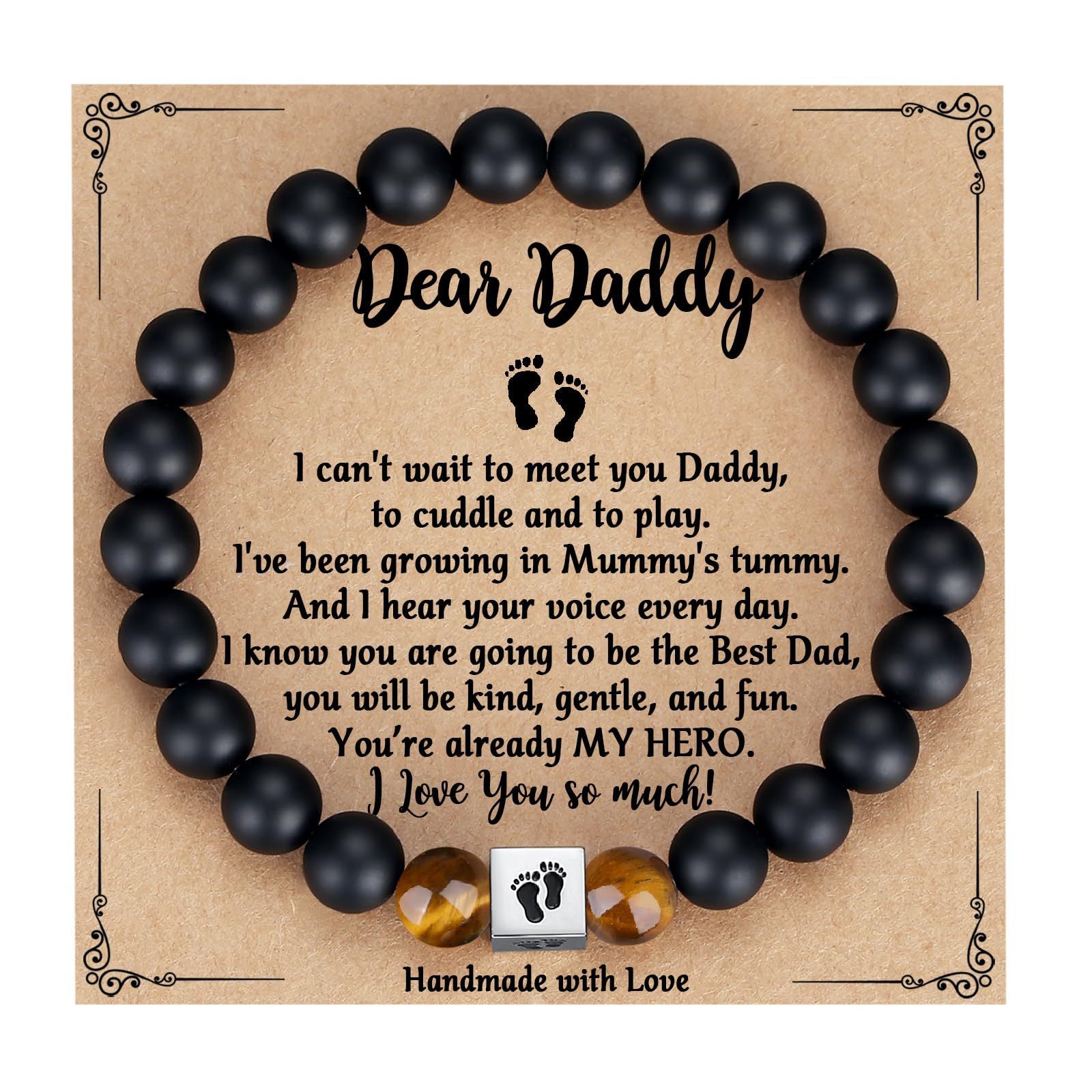 Men's Holiday Gift Bracelet Tiger Eye Stone Bracelet Stainless Steel Foot Sole Father's Day Gift Black Matte Bracelet