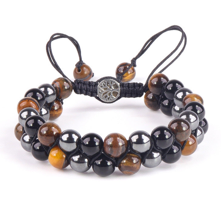 Men's Double Layer Braided Bracelet with Shiny Magnetic Stone Natural Stone Tiger Eye Double Row Braided Bracelet
