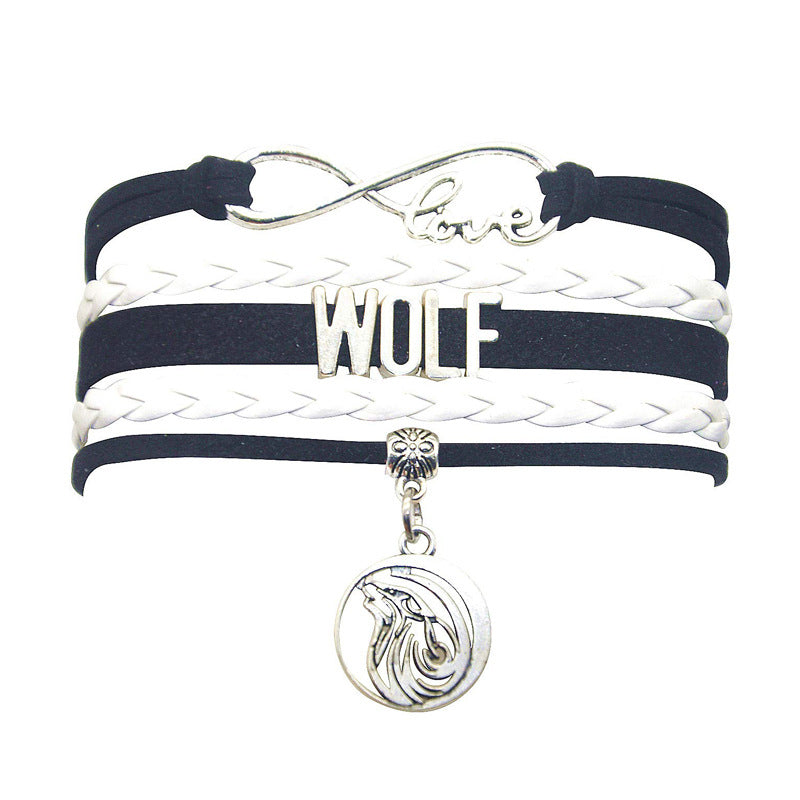 Wolf Dog Pendant Hand-woven Bracelet European and American retro Gift Bracelet wolf Letter Men's Multi-layer Braided Bracelet