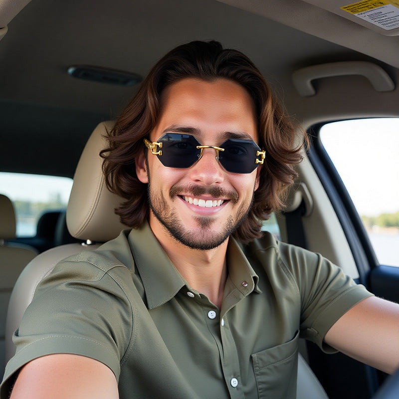 New European and American Retro Frameless Sunglasses for Men with Imitation Wood Grain Temples Wholesale Glasses shades