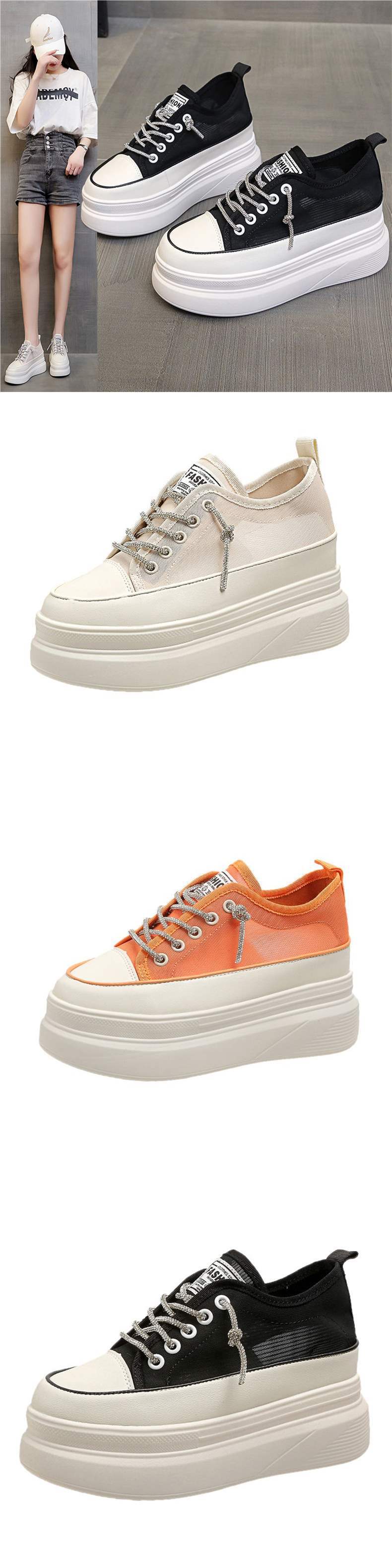 Thick-soled inner height-increasing white sneakers for women with breathable mesh2025Summer New All-Matching8cm Small Size Casual Platform Shoes