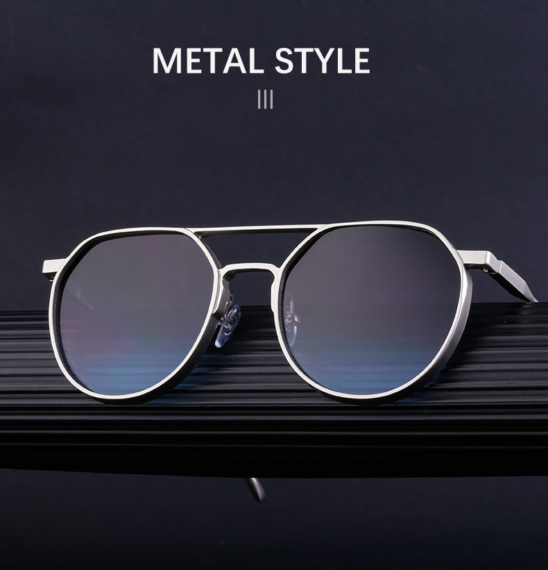 New Retro Oval Frame Glasses Metal Double Bridge Pilot Sunglasses Men's High-end Driving Sun Protection Sunglasses