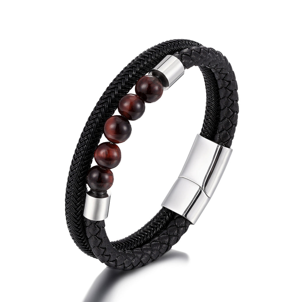 Men's Leather Bracelet Double Layer Bracelet Women's Stainless Steel Magnetic Buckle Bracelet Tiger Eye Stone Leather Bracelet