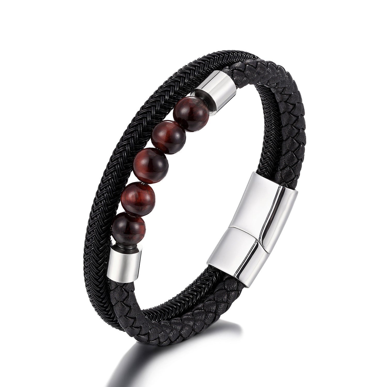 Men's Leather Bracelet Double Layer Bracelet Women's Stainless Steel Magnetic Buckle Bracelet Tiger Eye Stone Leather Bracelet