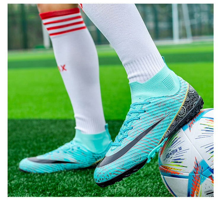 World Cup Same Style Blue and White Porcelain High-top Soccer Shoes for Men and Women, Children and Youth Competition Training Shoes